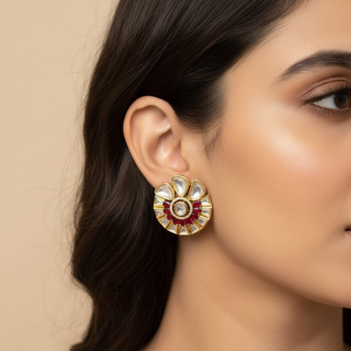 Gold fan-shaped earrings with ruby stones and kundan crystals.