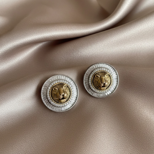 Vintage Lion Medallion Stud Earrings