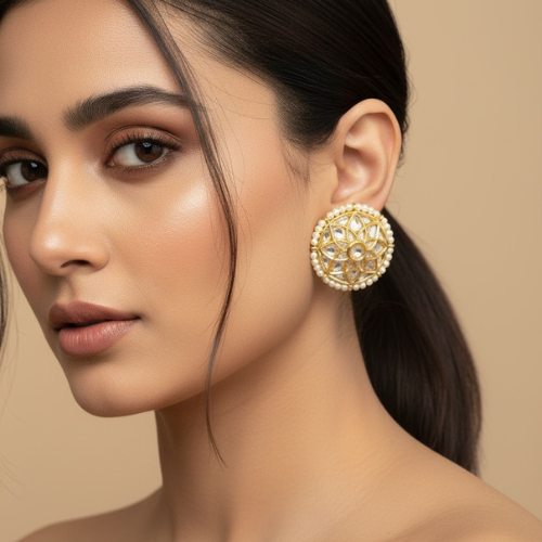 Gold Floral Pearl and Kundan Stud Earrings