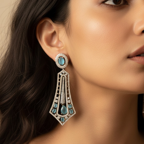 Turquoise and crystal art deco drop earrings with geometric detailing