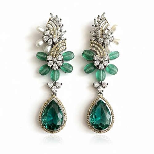 Green Emerald Floral Drop Earrings