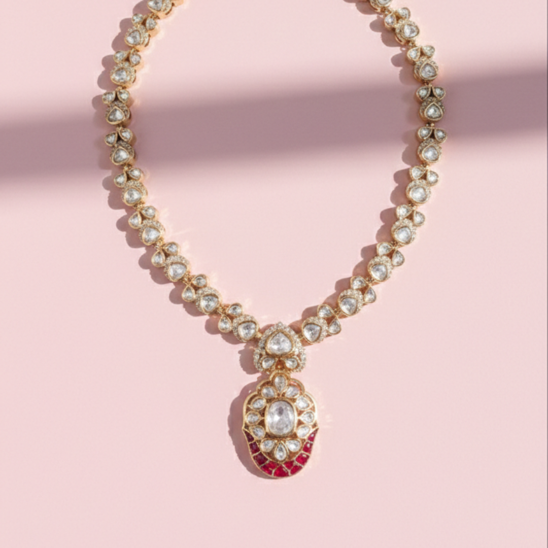 Royal Moissanite Ruby Drop Necklace Set – Gold Plated Bridal Jewelry