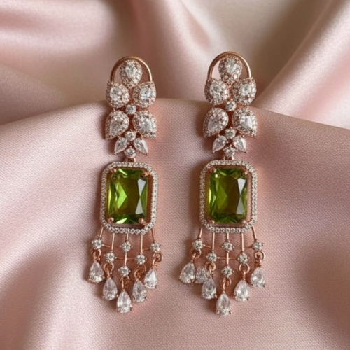 Rose Gold American Diamond Chandelier Earrings with Green Glass Stone