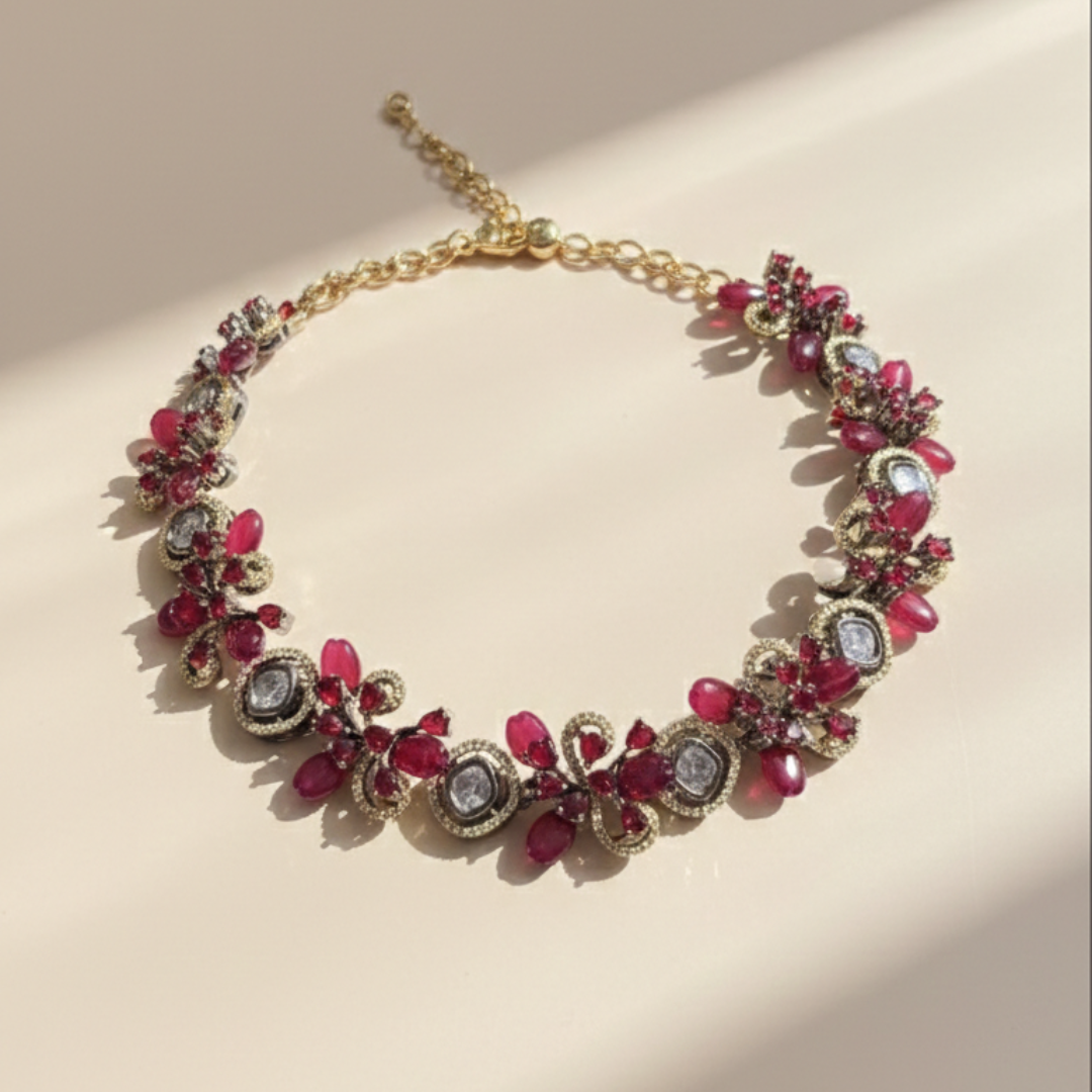 Ruby Red Zircon Floral Statement Necklace