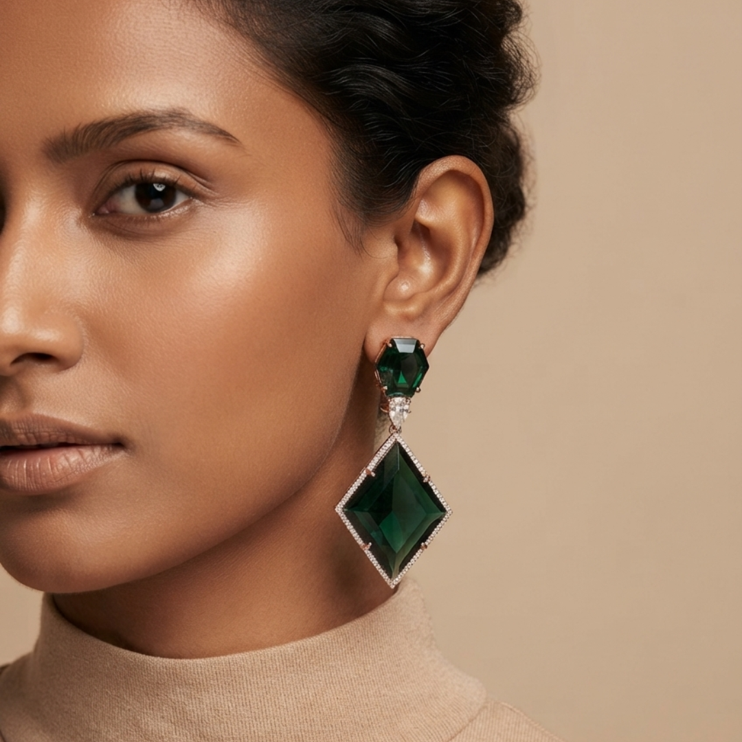 Emerald Green Kite Drop Earrings – Rose Gold-Tone Statement Danglers