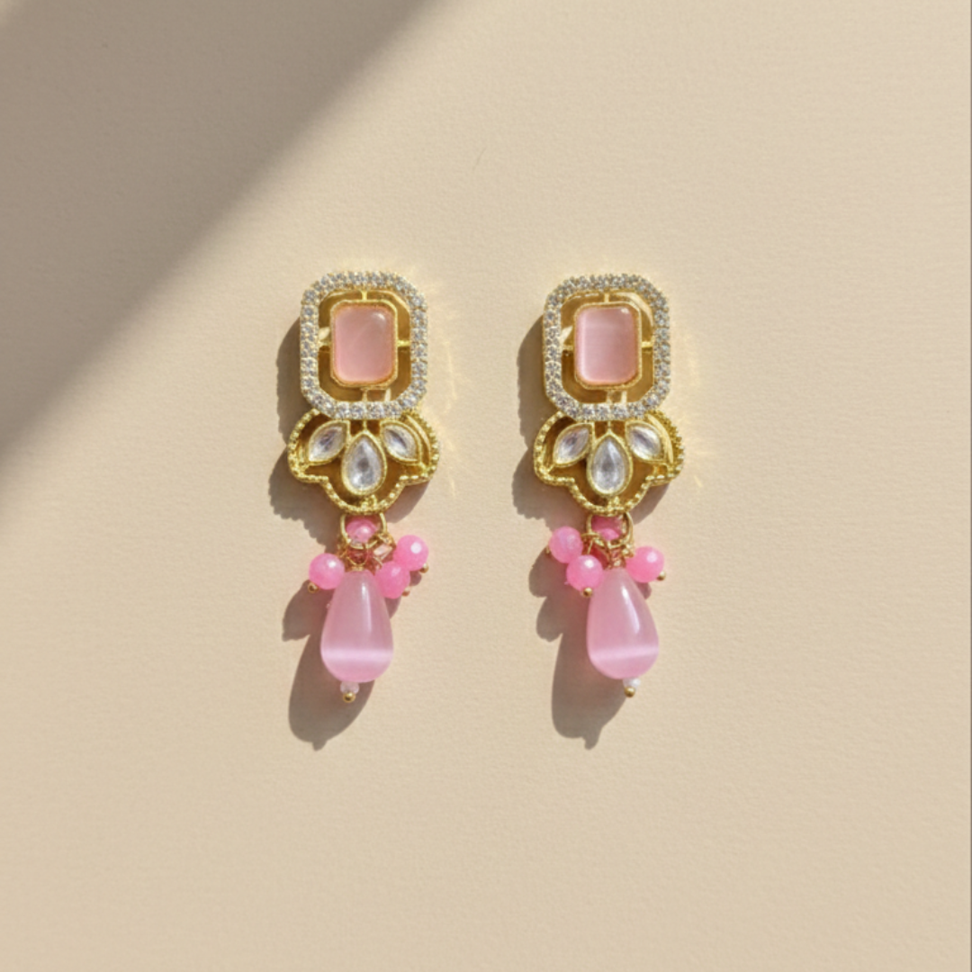 Pink Bead Choker With Polki Pendant & Earrings