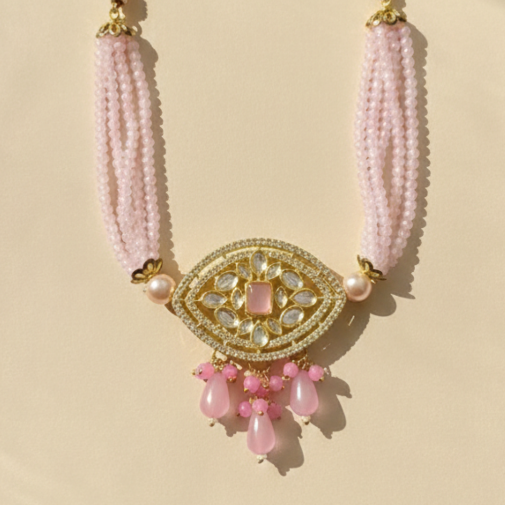 Pink Bead Choker With Polki Pendant & Earrings