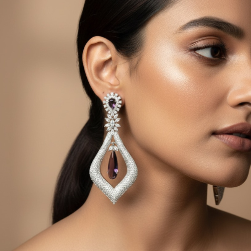 Luxury Diamond-Shaped Silver Drop Earrings with Purple Gemstones