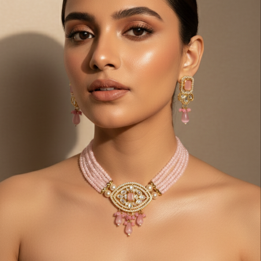 Pink beaded Kundan necklace with gold finish centerpiece and pink stone drop detailing