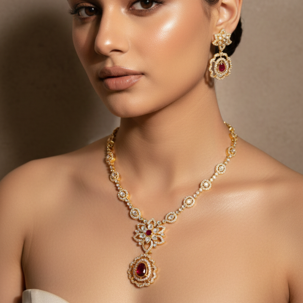 Royal Ruby Floral Gold-Plated Necklace Set