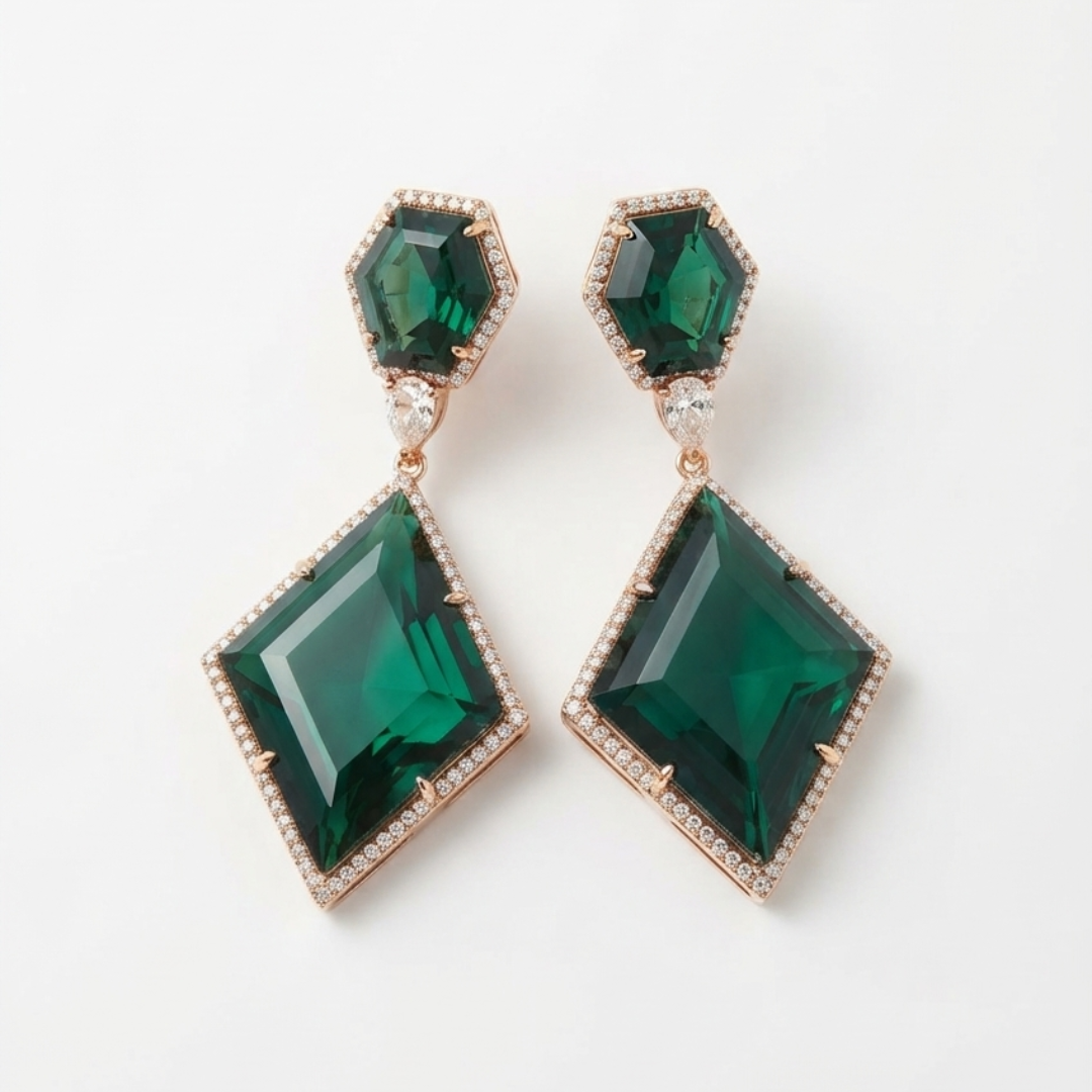 Emerald Green Kite Drop Earrings – Rose Gold-Tone Statement Danglers