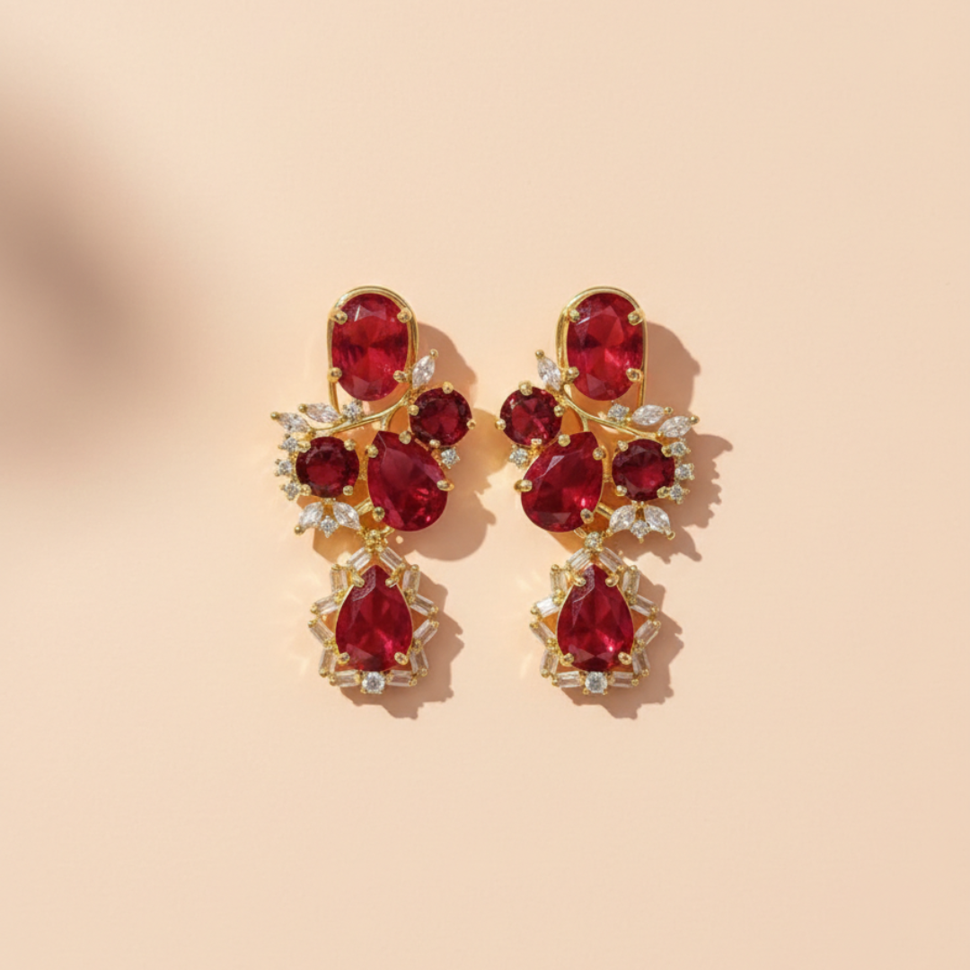 Red Zircon Drop Earrings with Gold Finish