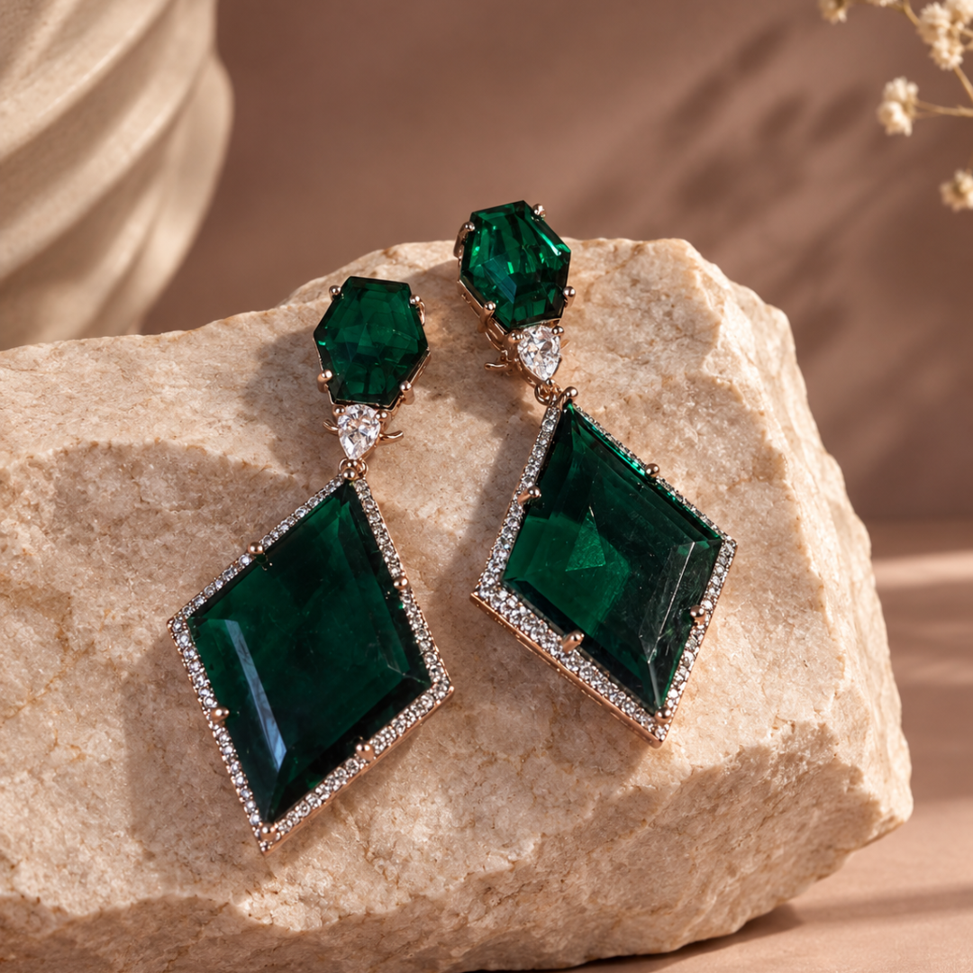Emerald Green Kite Drop Earrings – Rose Gold-Tone Statement Danglers