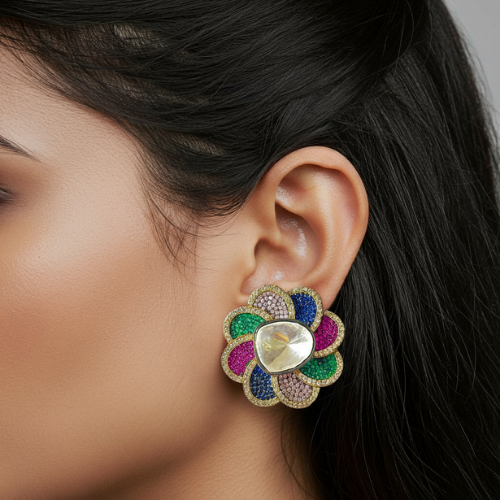 Multicolour Big Round American Diamond Stud Earrings with Back Clips