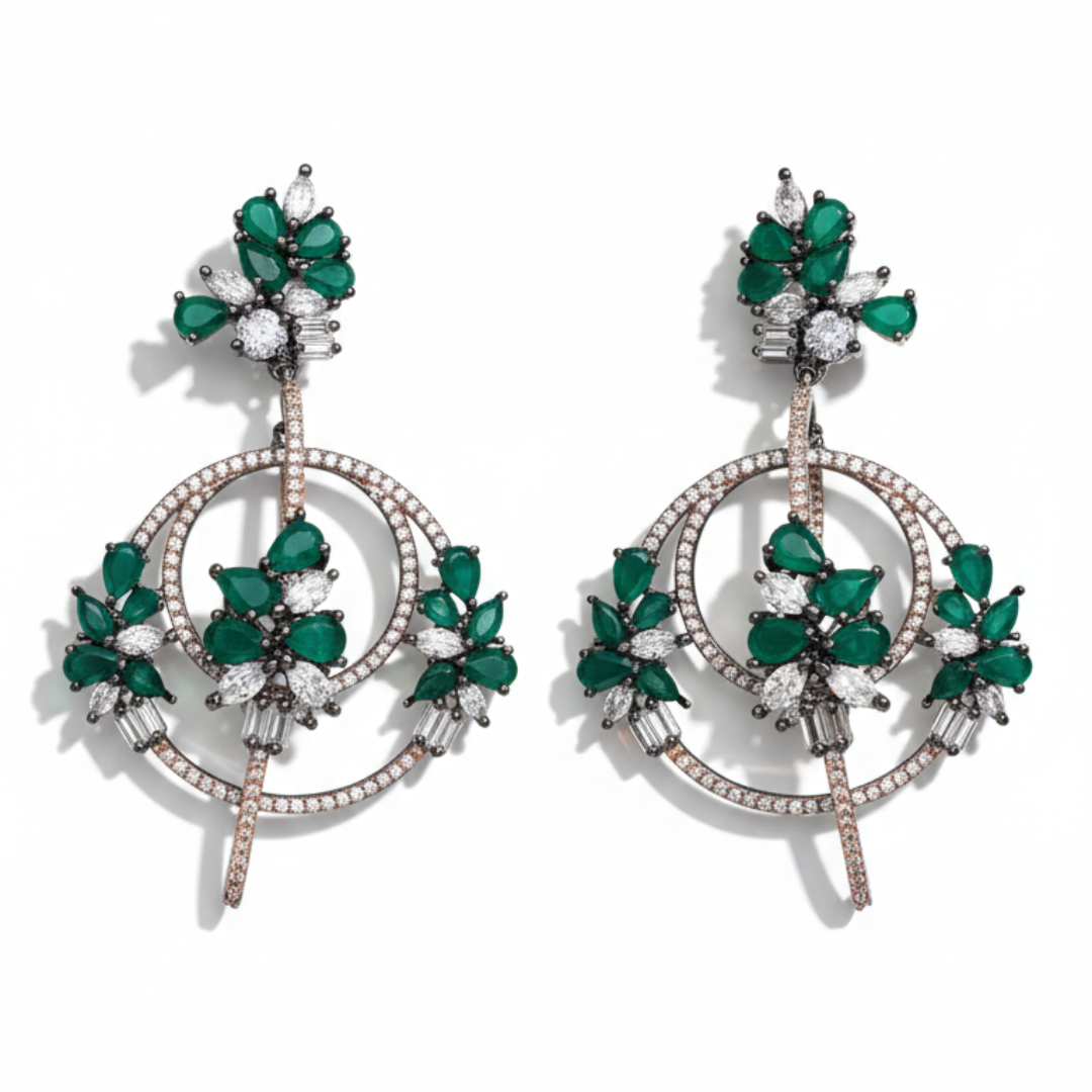 Emerald Green Zircon Floral Drop Earrings with Diamond Finish | Luxury Party Wear