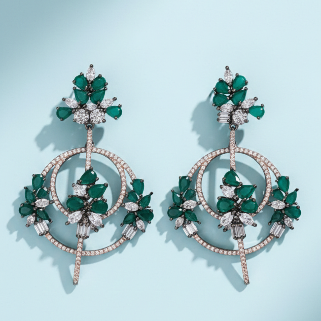 Emerald Green Zircon Floral Drop Earrings with Diamond Finish | Luxury Party Wear