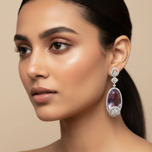 Purple Oval Crystal Drop Earrings