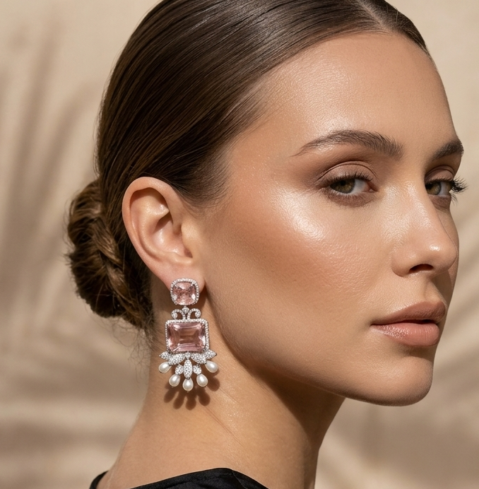 Rosé Bloom American Diamond Earrings with Pearl Drops