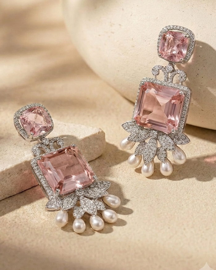 Rosé Bloom American Diamond Earrings with Pearl Drops