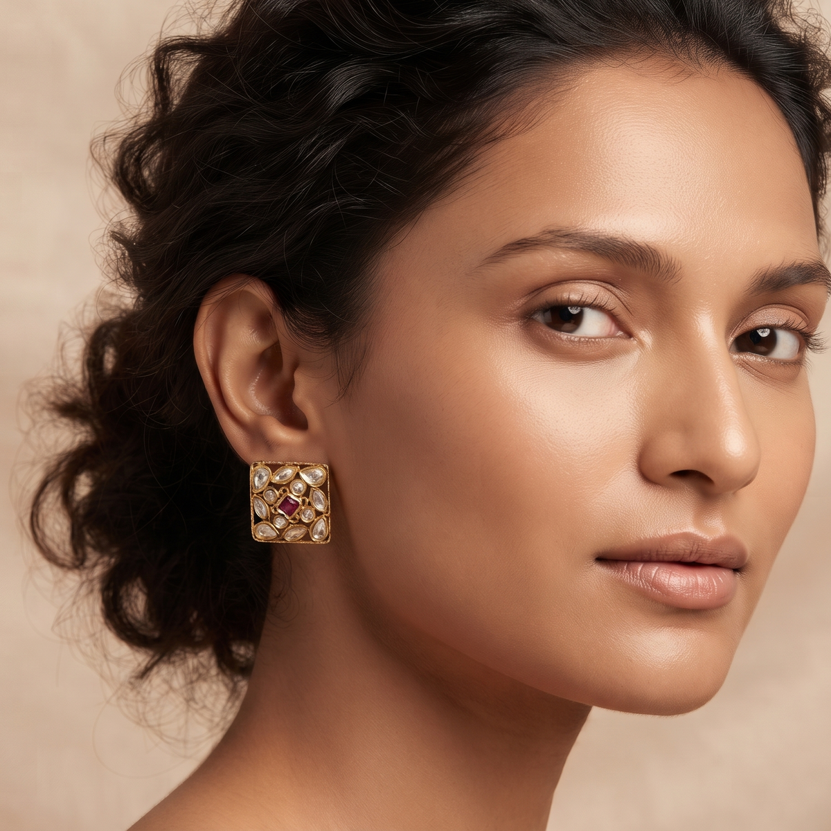 Traditional Gold-Plated Polki & Ruby Square Stud Earrings