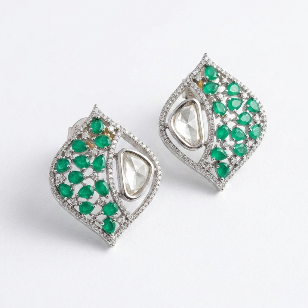 Emerald Green Zircon Statement Stud Earrings for Ethnic Wear