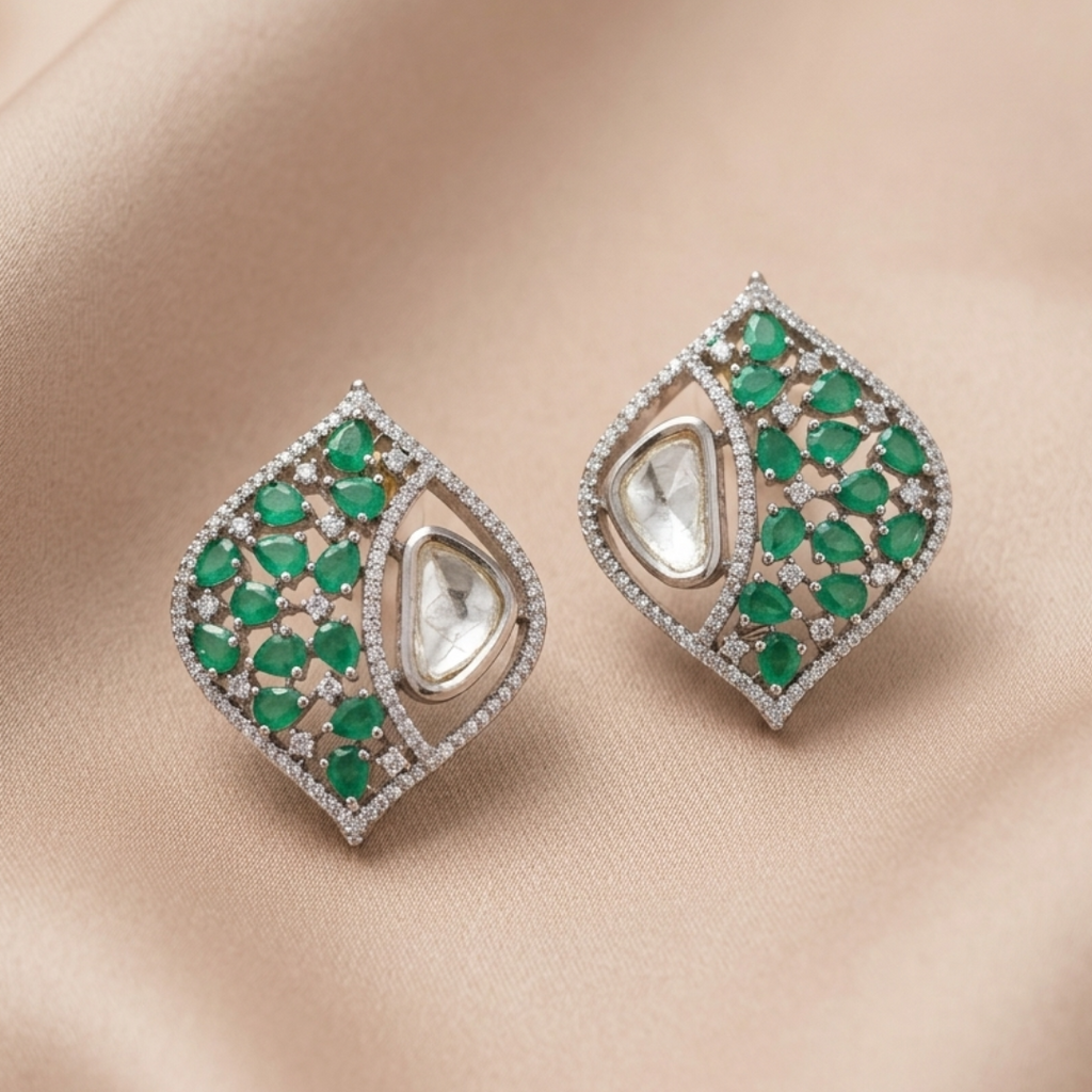 Emerald Green Zircon Statement Stud Earrings for Ethnic Wear