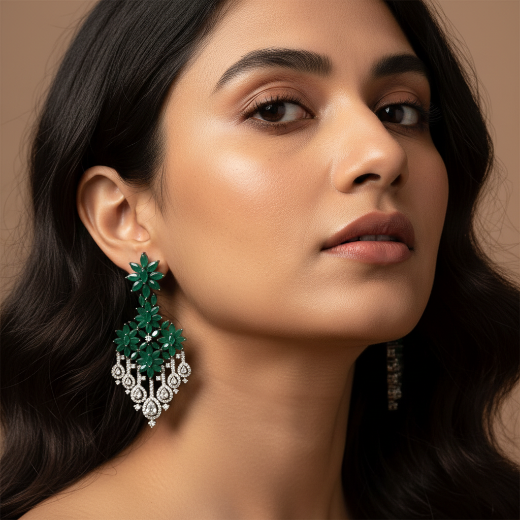 Green Floral American Diamond Chandelier Earrings