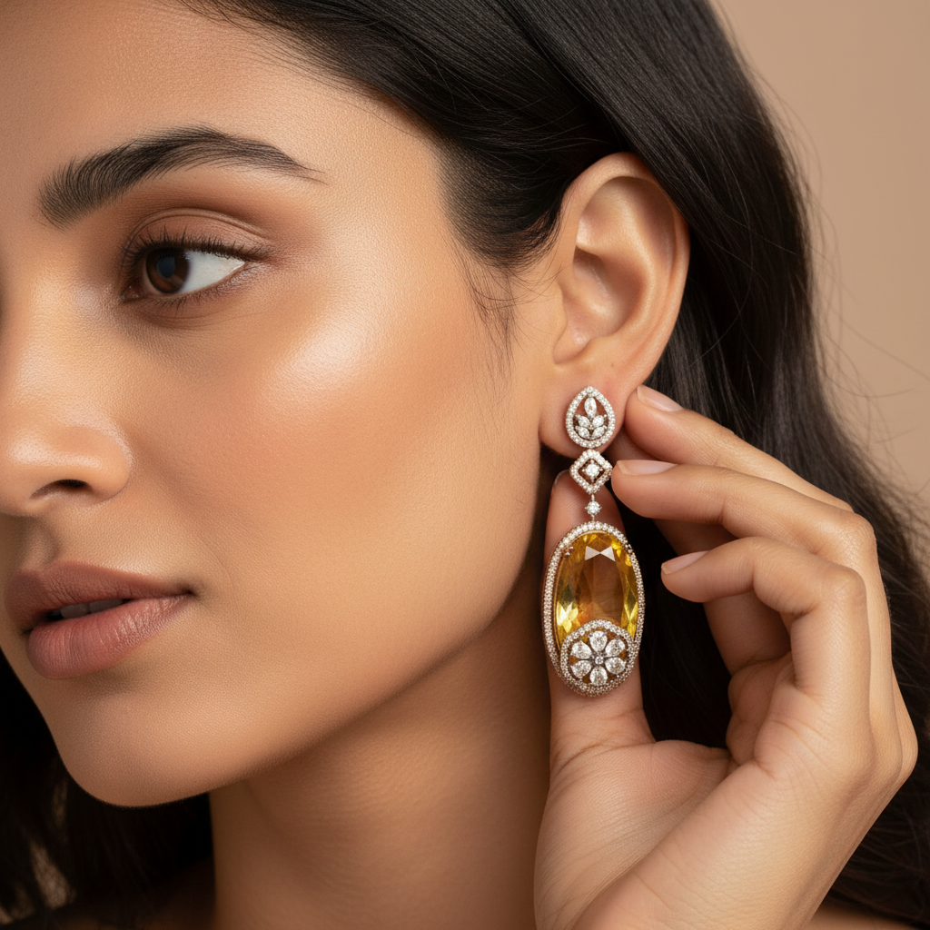 Yellow Glass Stone & American Diamond Drop Earrings