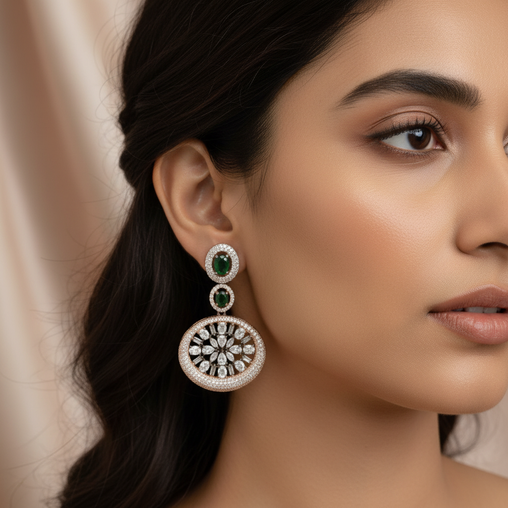 Green Stone & American Diamond Round Statement Earrings