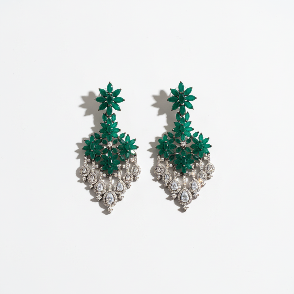 Green Floral American Diamond Chandelier Earrings