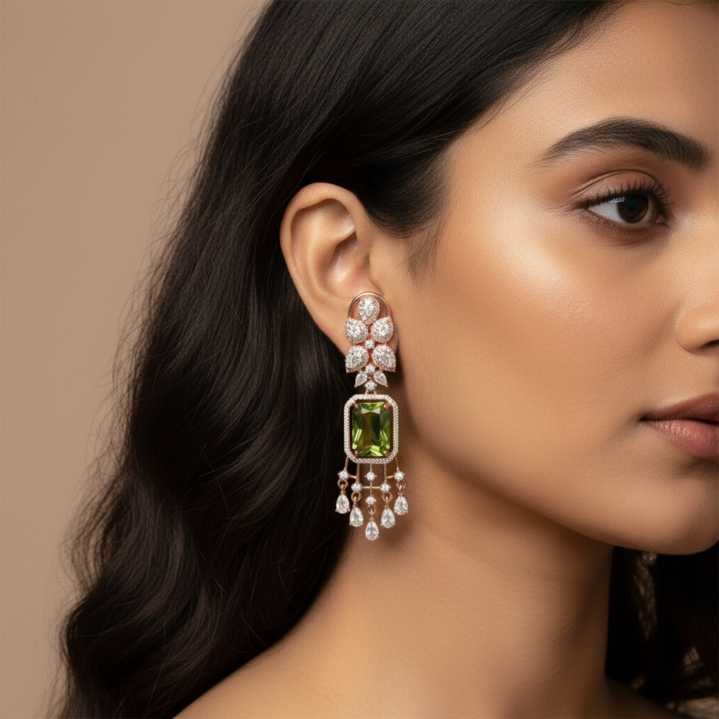 Rose Gold American Diamond Chandelier Earrings with Green Glass Stone