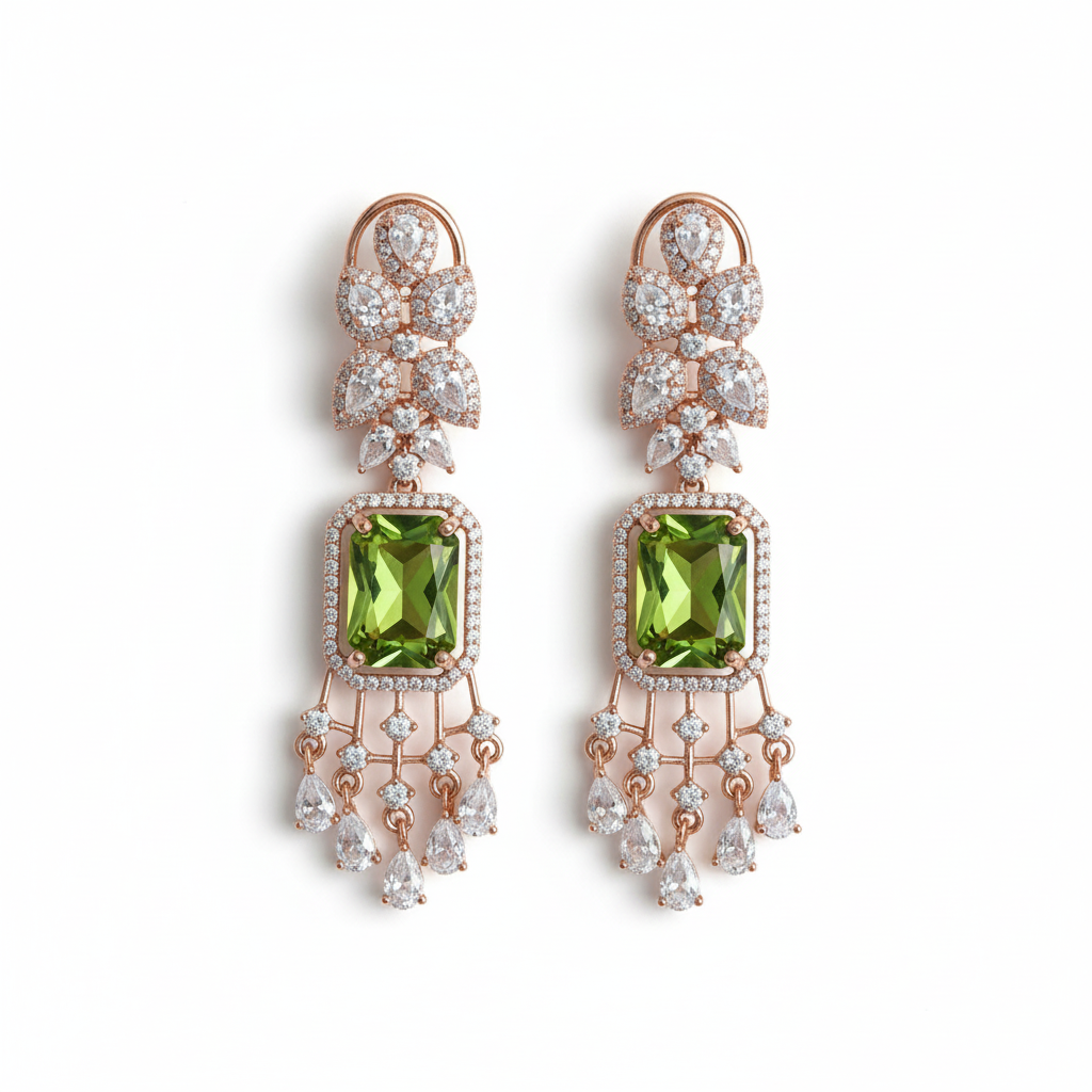 Rose Gold American Diamond Chandelier Earrings with Green Glass Stone