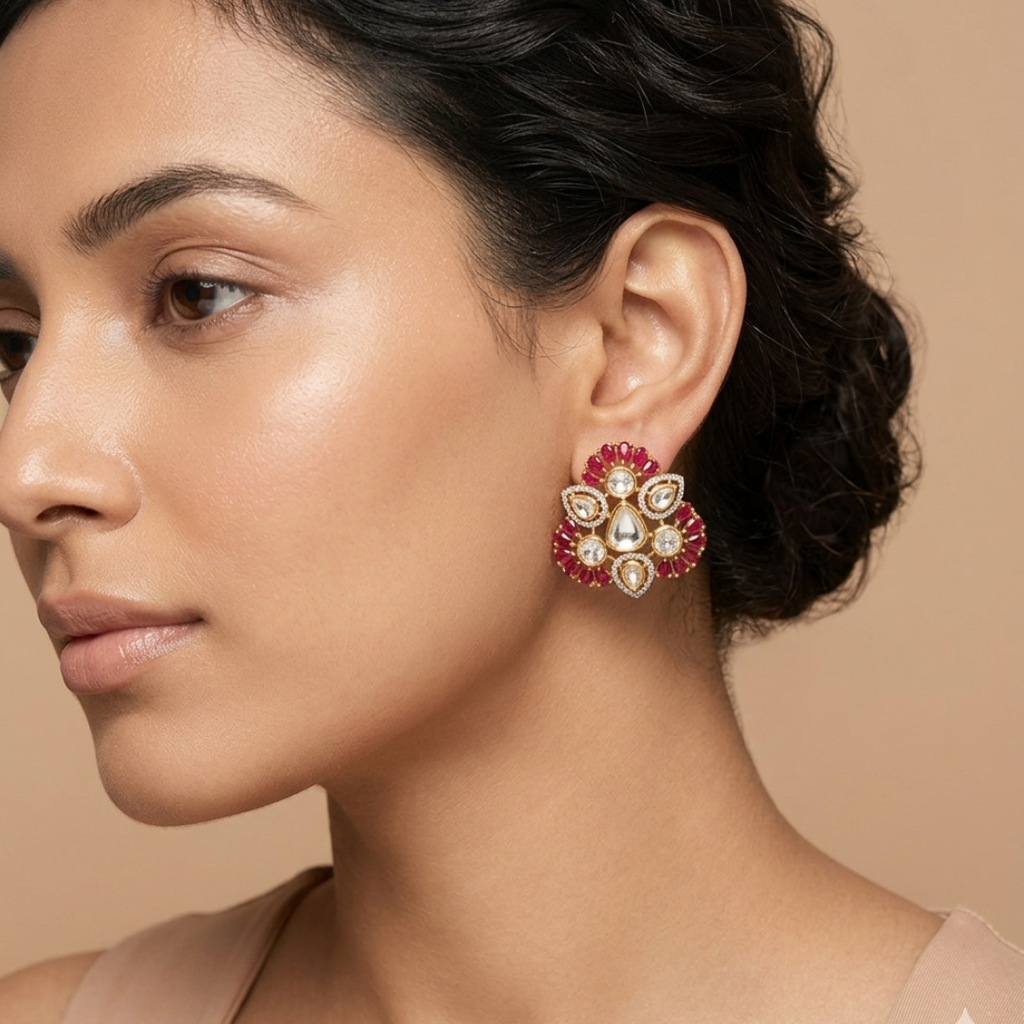 Luxury Floral Kundan Stud Earrings with Ruby & Crystal Stones
