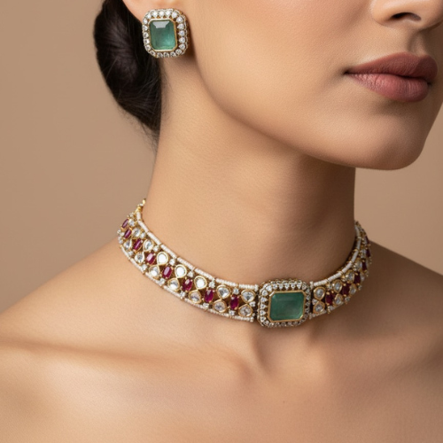 Luxury moissanite and kundan choker necklace set on copper base with matching earrings worn by a model.